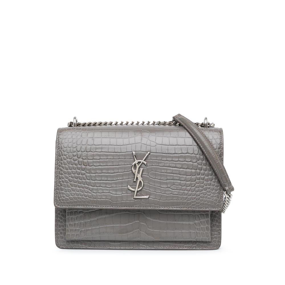 Saint Laurent B Saint Laurent Gray Calf Leather Medium Croc Embossed Monogram Sunset Bag Italy