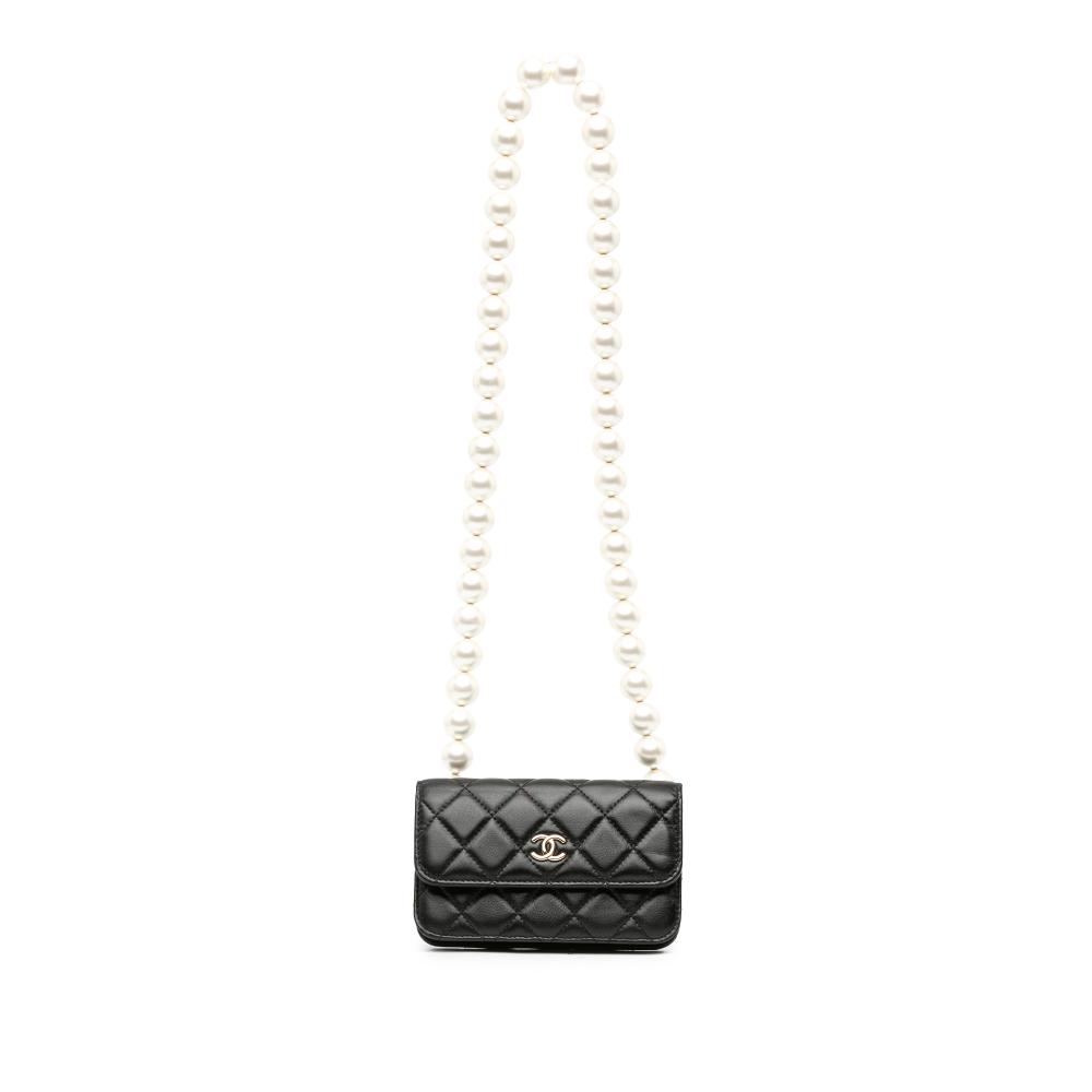 Chanel AB Chanel Black Lambskin Leather Leather CC Lambskin About Pearls Card Holder On Chain Italy