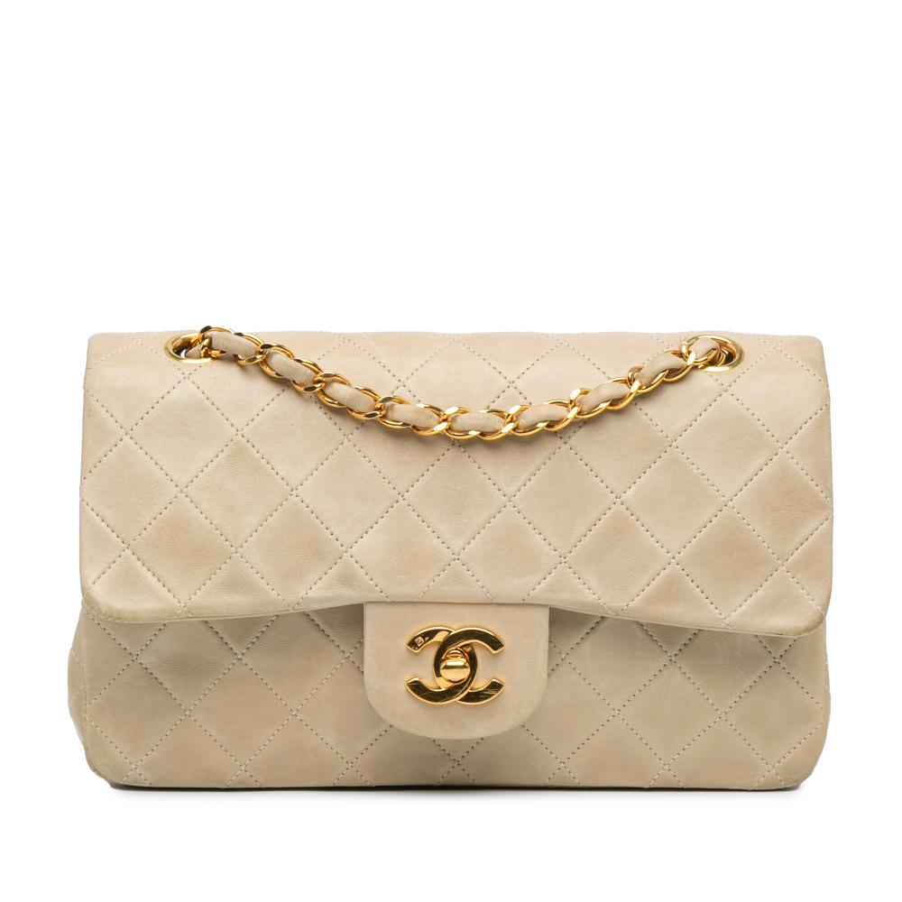 Chanel B Chanel Brown Light Beige Lambskin Leather Leather Small Classic Lambskin Double Flap France