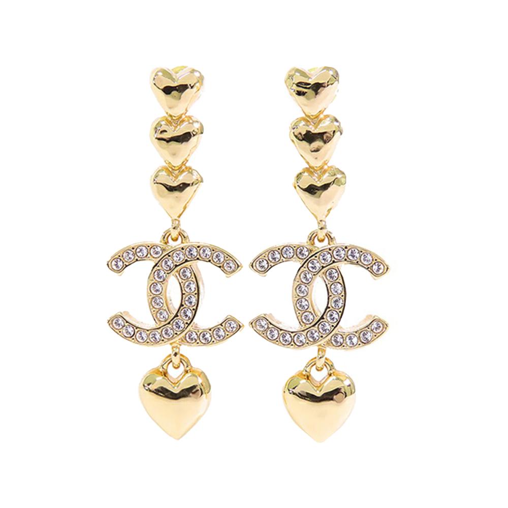 Chanel B Chanel Gold Gold Plated Metal CC Rhinestones Swing Push Back Earrings France