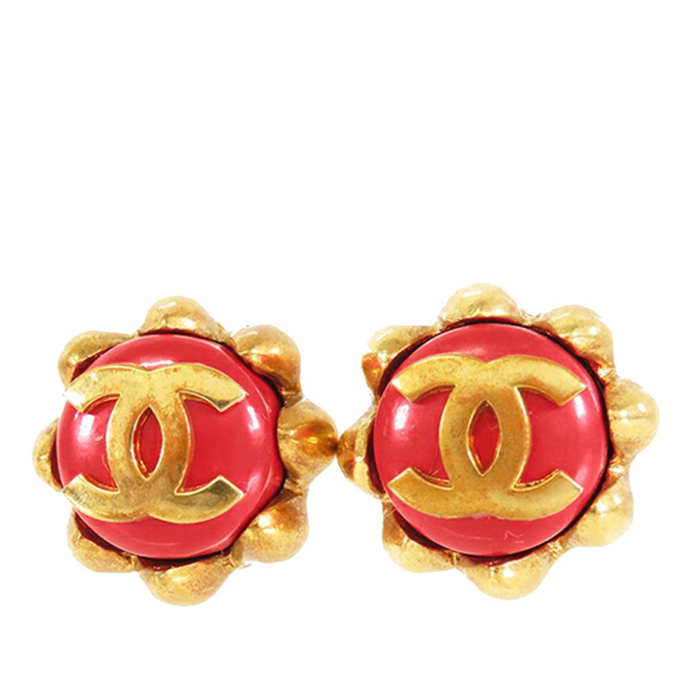 Chanel B Chanel Red Gold Plated Metal Gripoix Button Earrings France