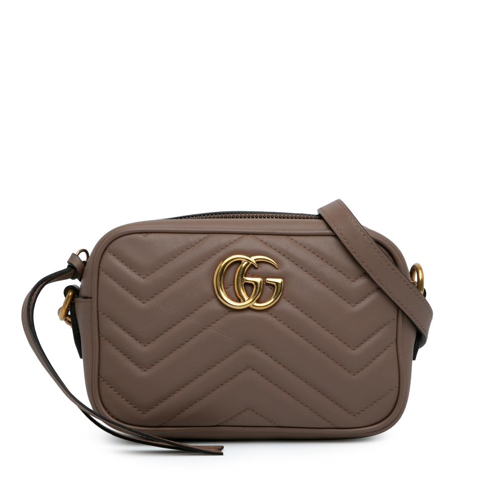 Gucci AB Gucci Brown Taupe Calf Leather Mini GG Marmont Matelasse Crossbody Italy