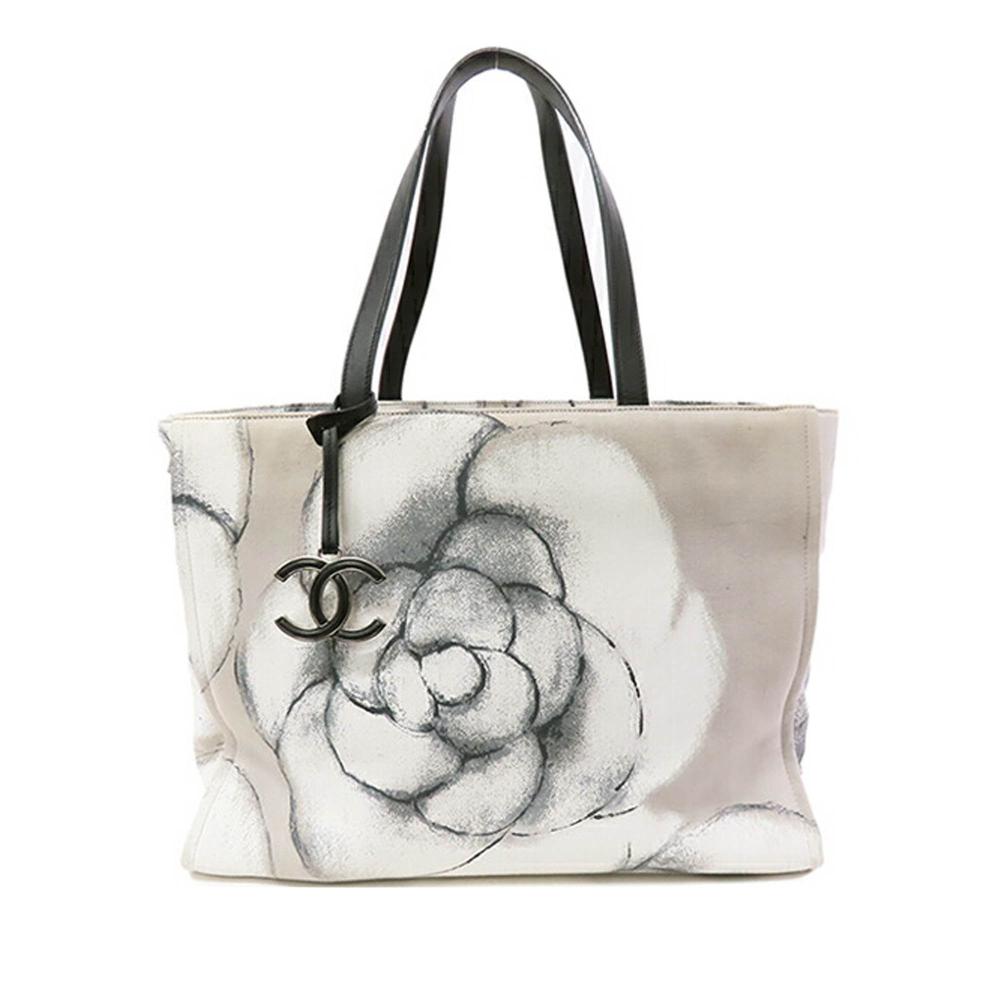 Chanel B Chanel Gray with Black Canvas Fabric Large Camellia Printed Shopper Tote Italy