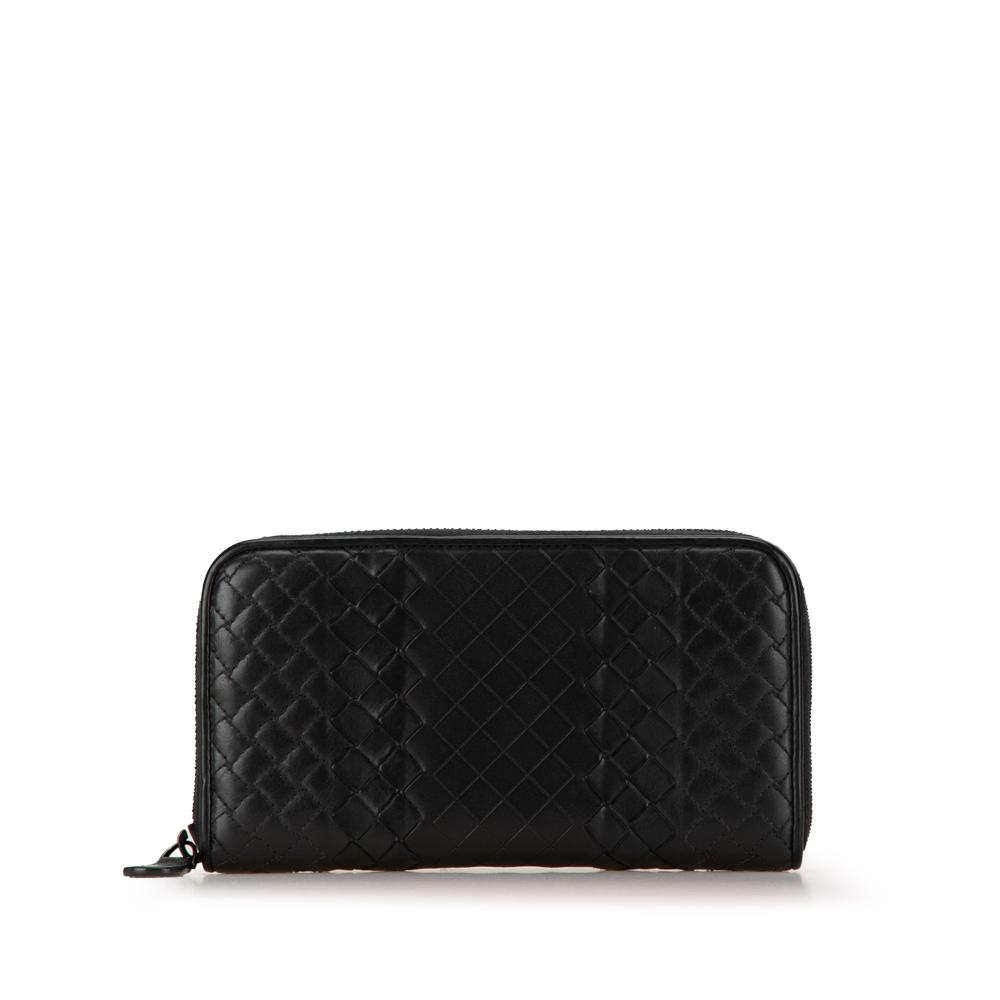 Bottega Veneta B Bottega Veneta Black Calf Leather Intrecciato Zip Around Long Wallet Italy