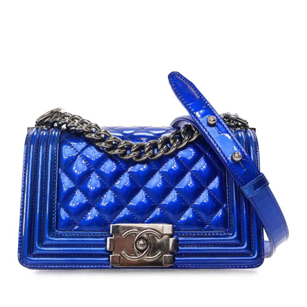 Chanel B Chanel Blue Patent Leather Leather Small Quilted Metallic Patent Boy Flap Italy