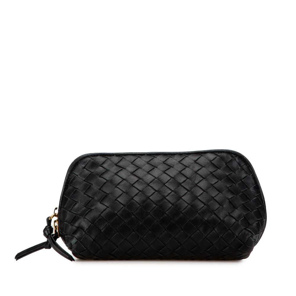 Bottega Veneta B Bottega Veneta Black Calf Leather Intrecciato Cosmetic Pouch Italy