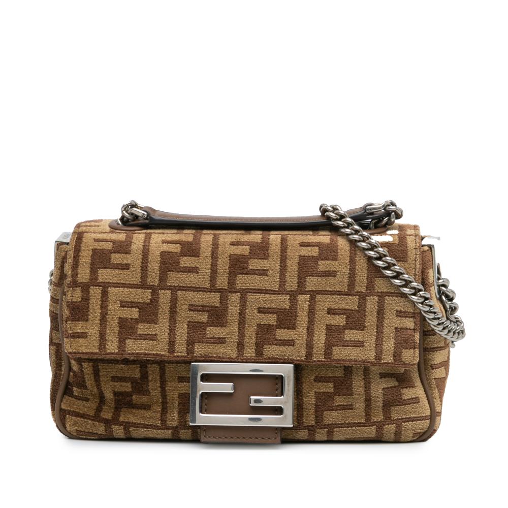 Fendi B Fendi Brown Wool Fabric Zucca Chain Midi Baguette Italy