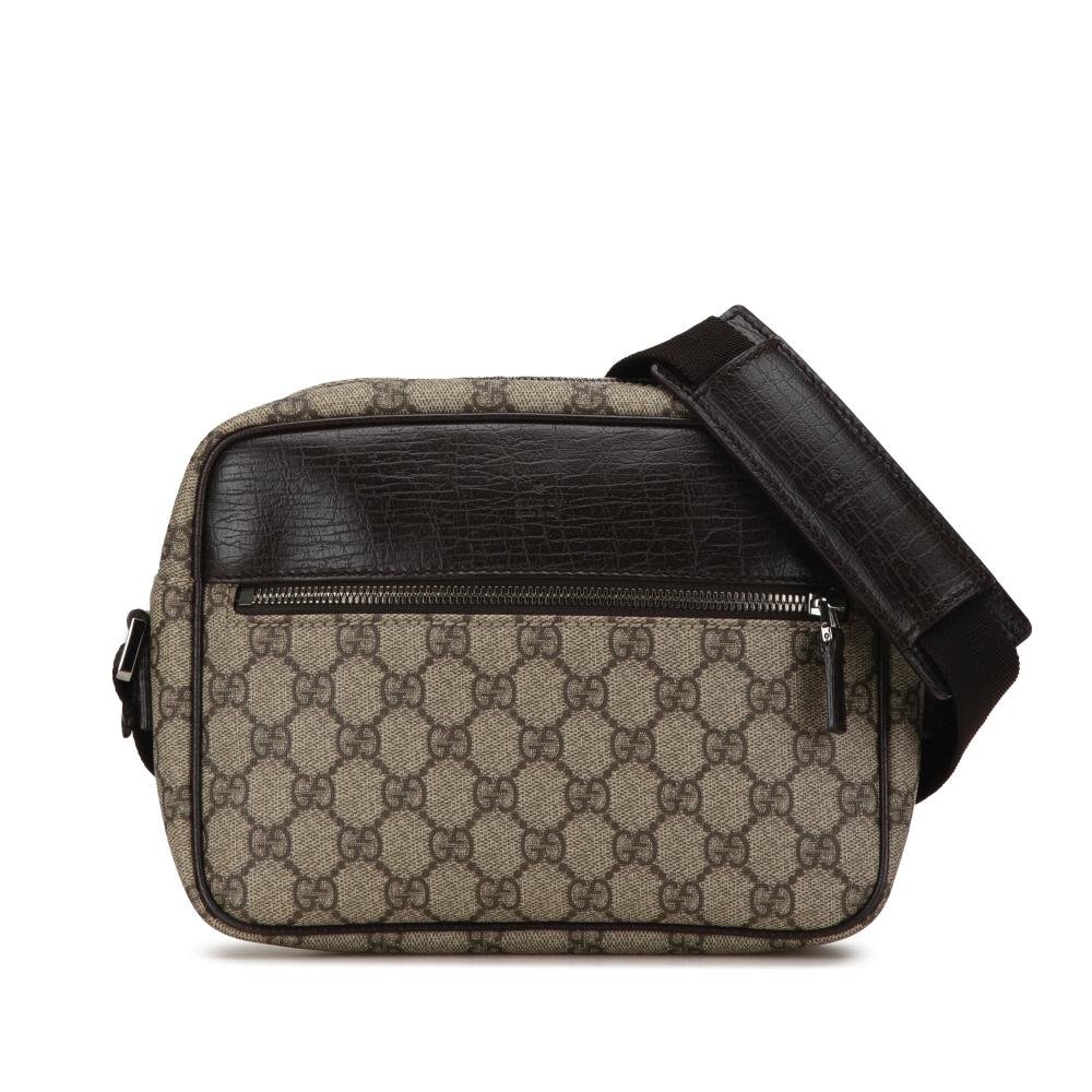 Gucci B Gucci Brown Beige Coated Canvas Fabric GG Supreme Crossbody Italy