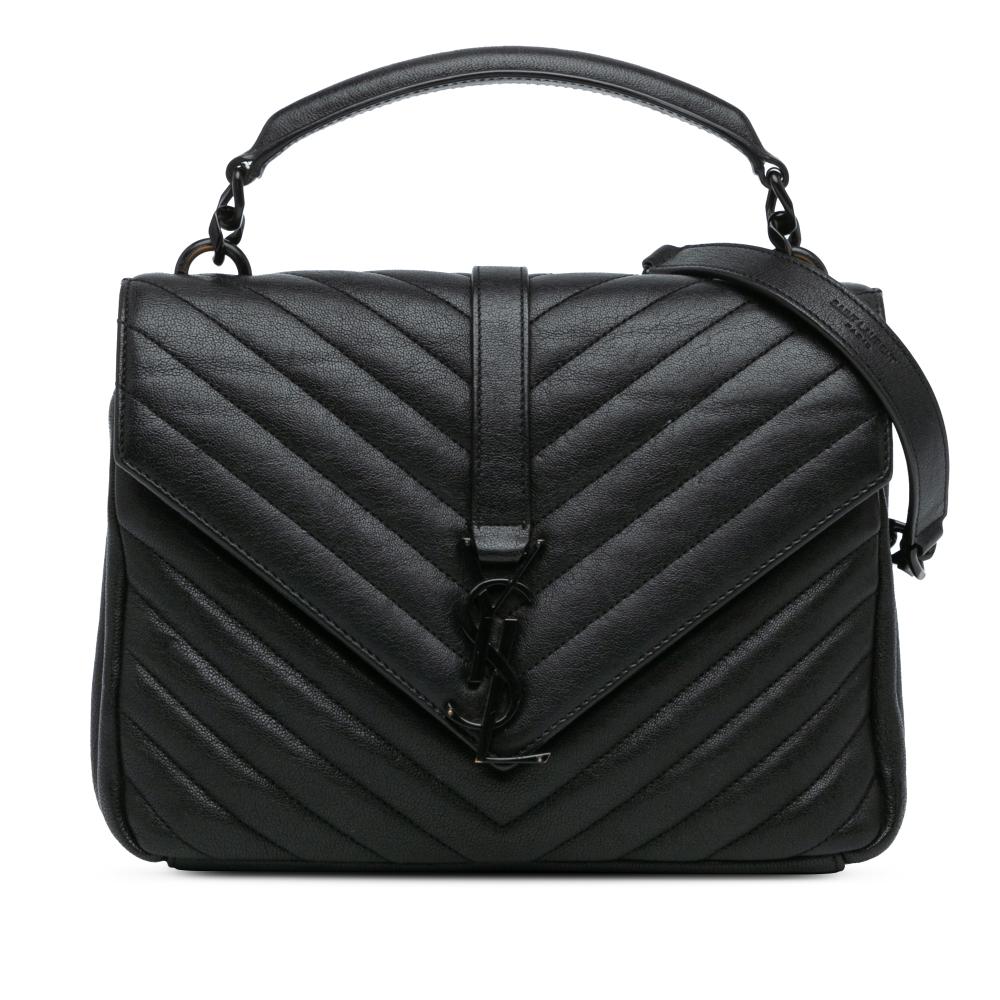 Saint Laurent Black Sheepskin Leather Leather Medium Quilted Chevron Sheepskin College Satchel Italy