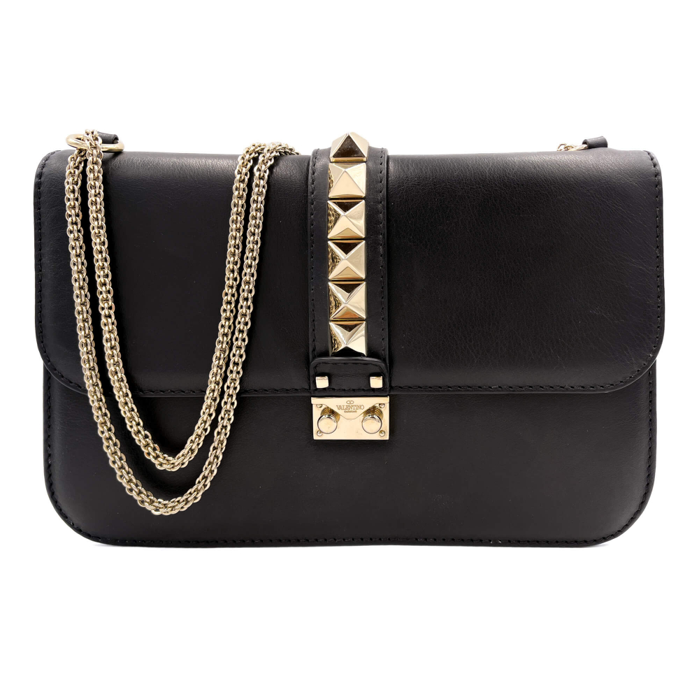 Valentino Rockstud Calfskin Leather 2-Ways Flap Shoulder Bag Black