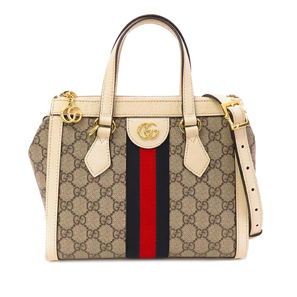 Gucci AB Gucci Brown Beige with White Ivory Coated Canvas Fabric Small GG Supreme Ophidia Satchel Italy