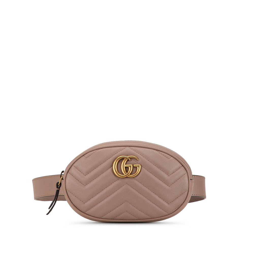 Gucci AB Gucci Brown Beige Calf Leather GG Marmont Matelasse Belt Bag Italy