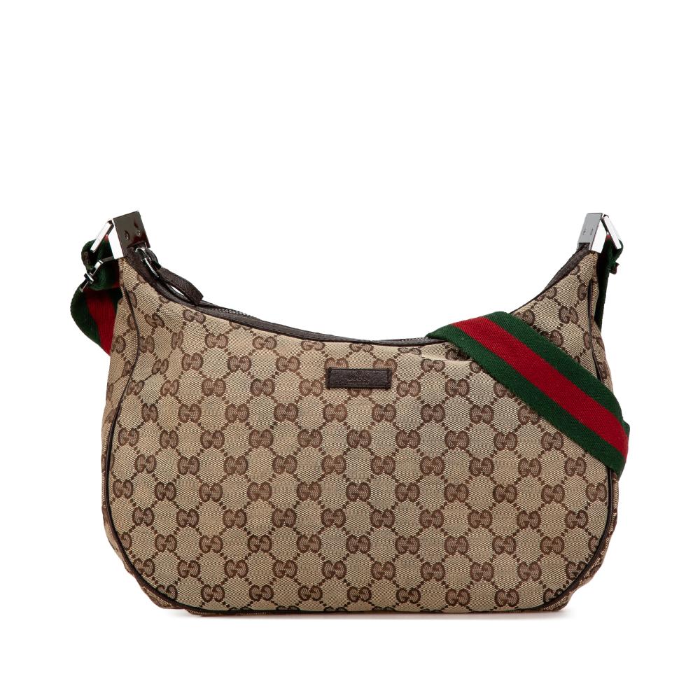 Gucci B Gucci Brown Beige Canvas Fabric GG Web Crossbody Italy