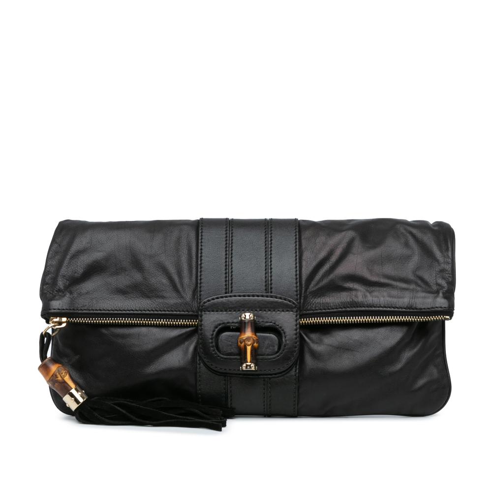 Gucci B Gucci Black Calf Leather Bamboo Lucy Fold Over Clutch Italy