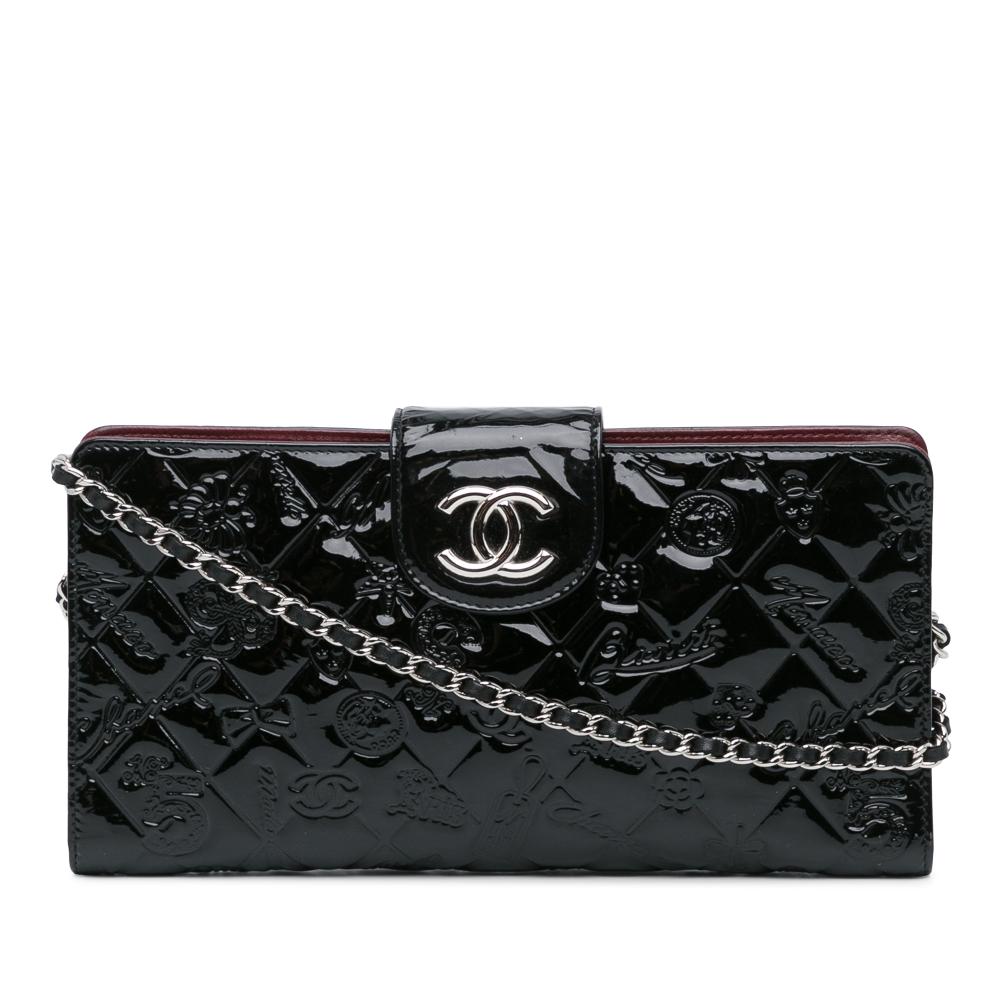 Chanel B Chanel Black Patent Leather Leather Embossed Patent Lucky Symbols Wallet On Chain Italy