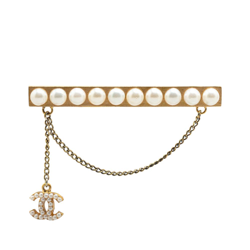 Chanel AB Chanel Gold Gold Plated Metal Faux Pearl CC Brooch France