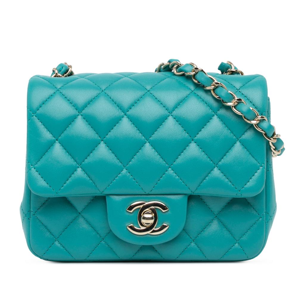 Chanel AB Chanel Blue Turquoise Lambskin Leather Leather Mini Square Classic Lambskin Single Flap Italy