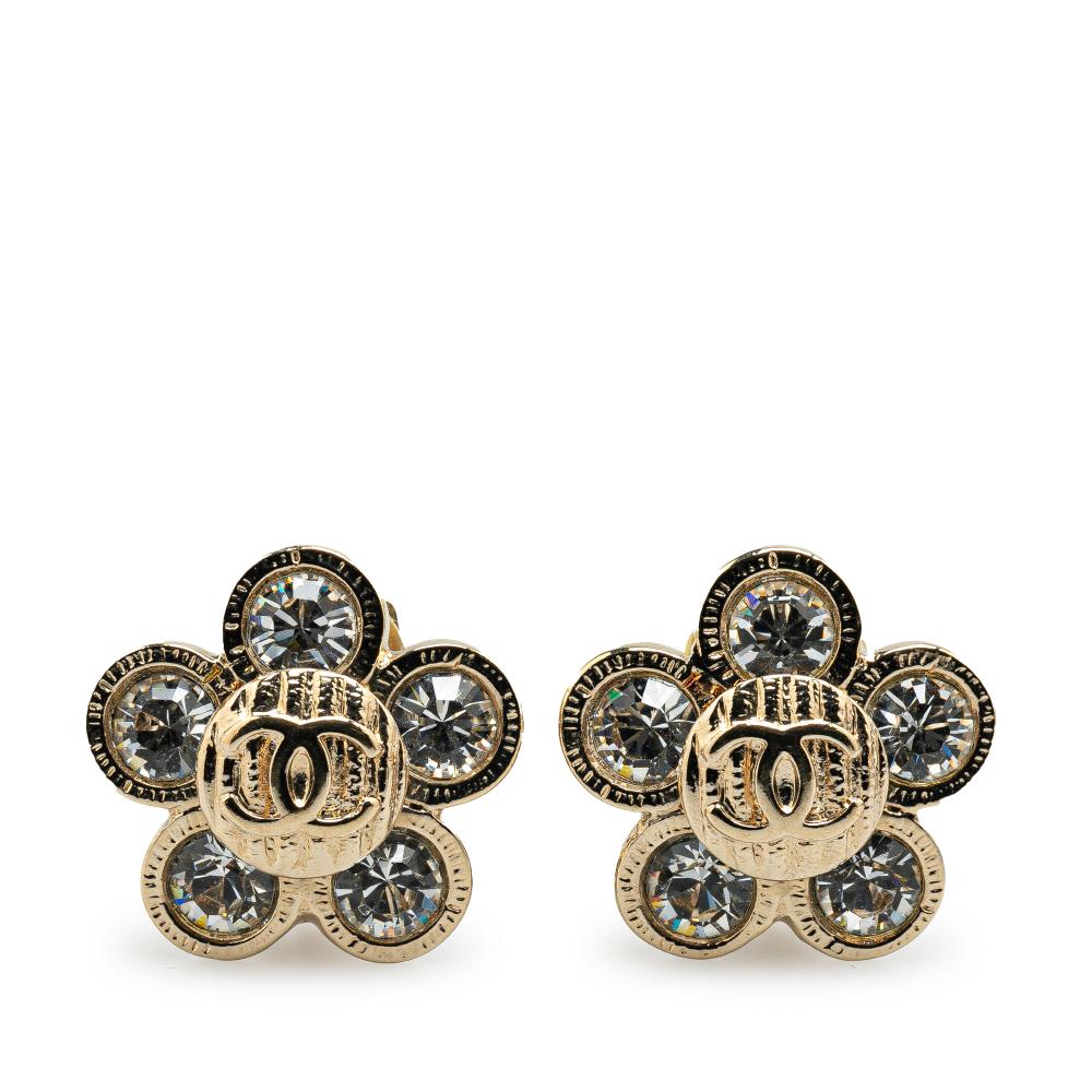 Chanel AB Chanel Gold Gold Plated Metal CC Crystal Flower Clip on Earrings Italy