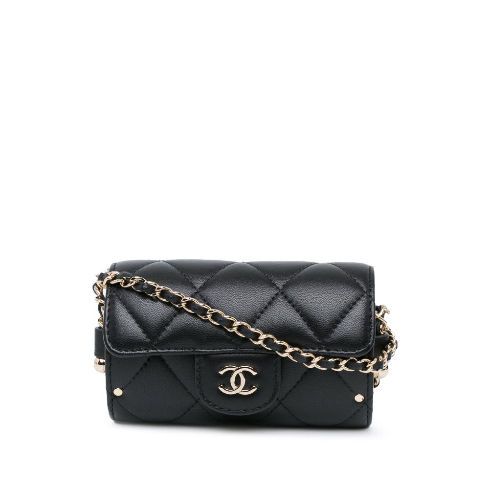 Chanel Black Lambskin Leather Leather Quilted Lambskin Box Of Secrets Card Holder With Chain Italy