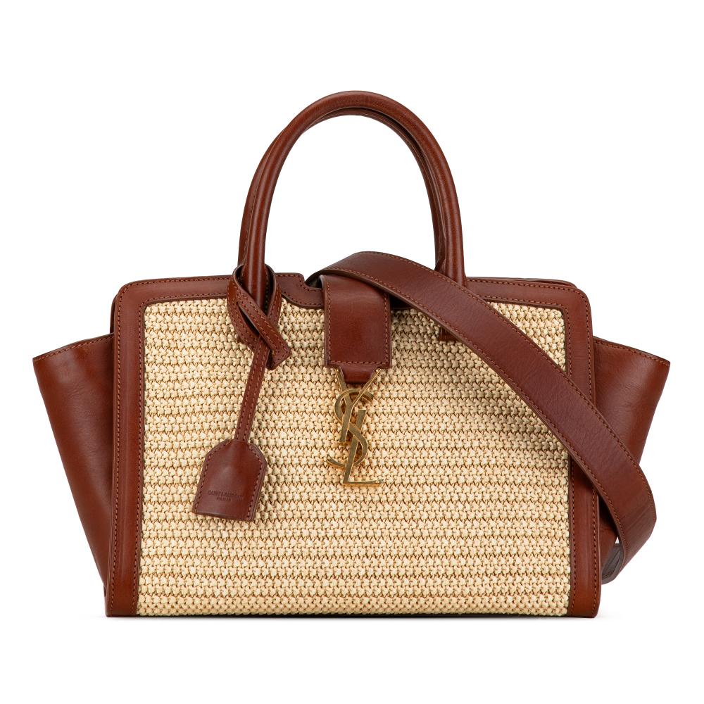 Saint Laurent B Saint Laurent Brown Beige Raffia Natural Material Baby Monogram Downtown Cabas Satchel Italy