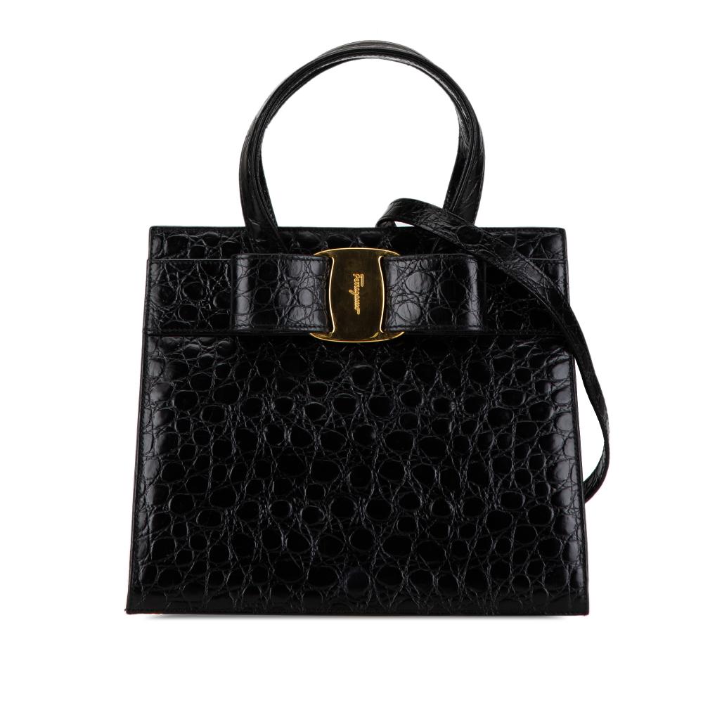 Salvatore Ferragamo B Ferragamo Black Calf Leather Croc Embossed Vara Bow Satchel Italy