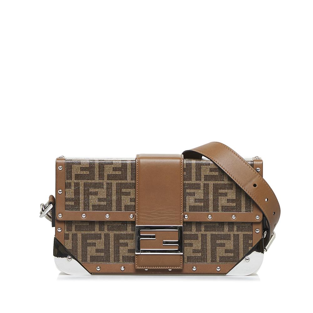 Fendi AB Fendi Brown Coated Canvas Fabric Zucca Baguette Trunk Italy