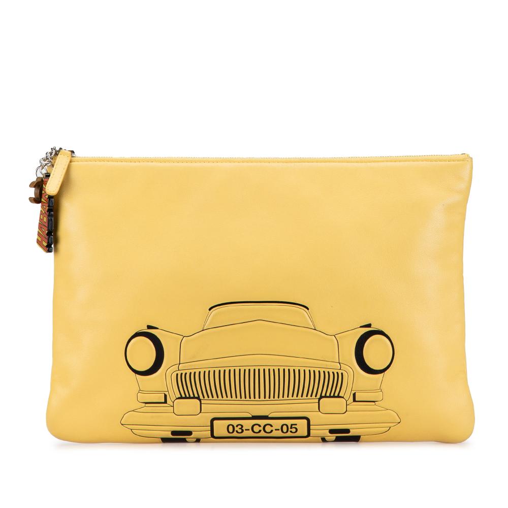 Chanel Yellow Mustard Lambskin Leather Leather Large Printed Lambskin La Habana O Case Clutch Italy