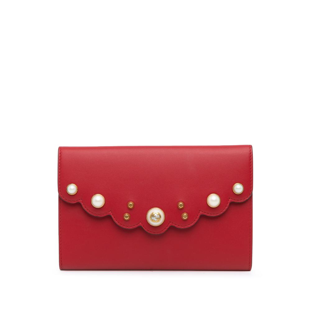 Gucci AB Gucci Red Calf Leather Peony Pearly Wallet on Chain Italy