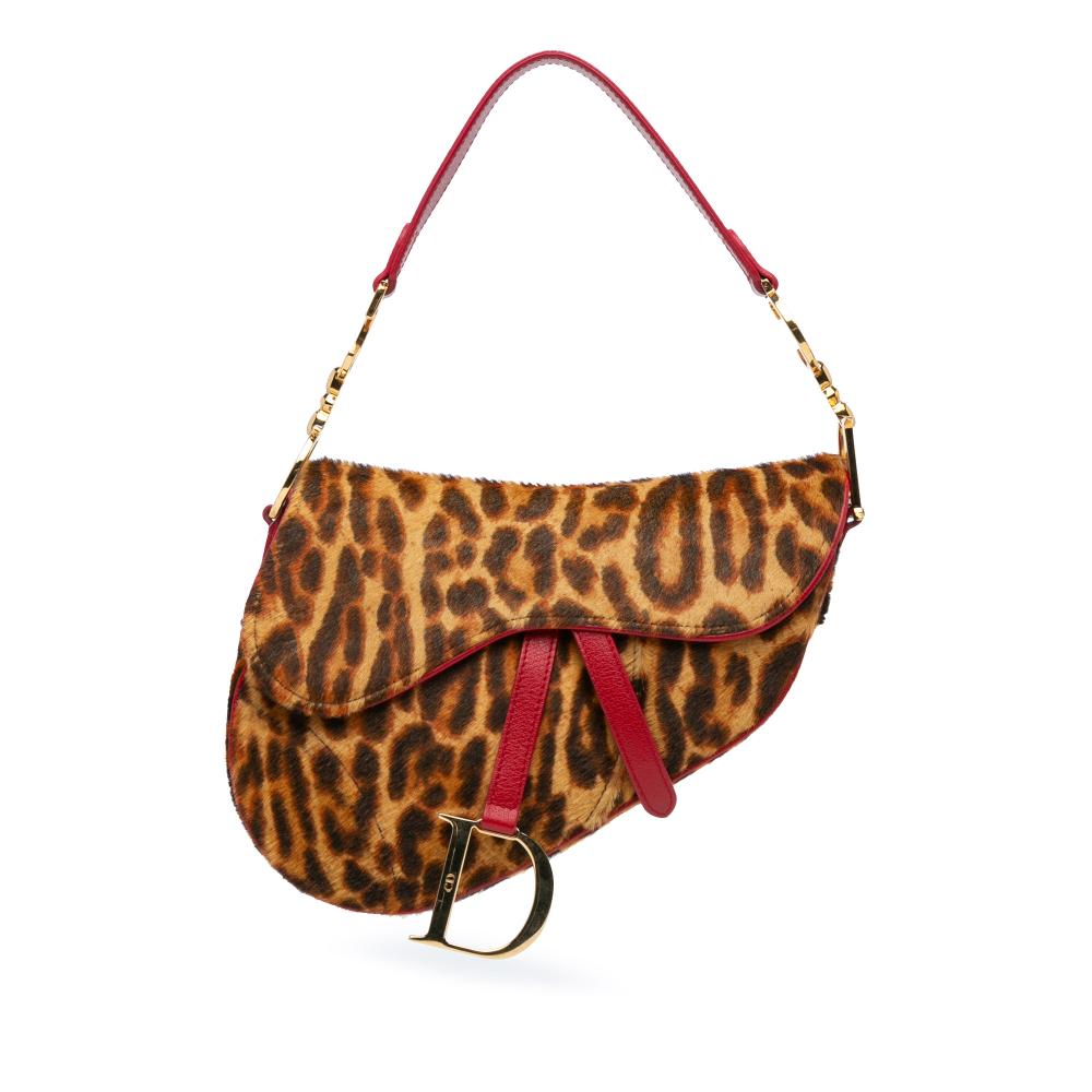 Christian Dior B Dior Brown Pony Hair Natural Material Medium Leopard Print Ponyhair Saddle Bag Italy