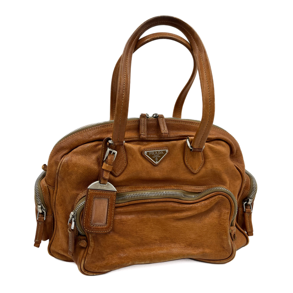 Prada Bowling Winkler Leather Bowler Shoulder Bag Caramel