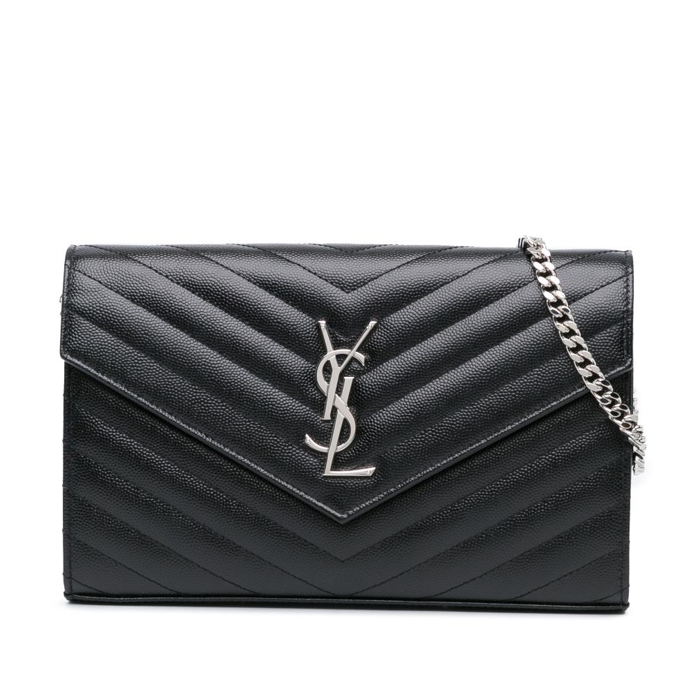 Saint Laurent AB Saint Laurent Black Calf Leather Grain De Poudre Cassandre Envelope Wallet on Chain Italy