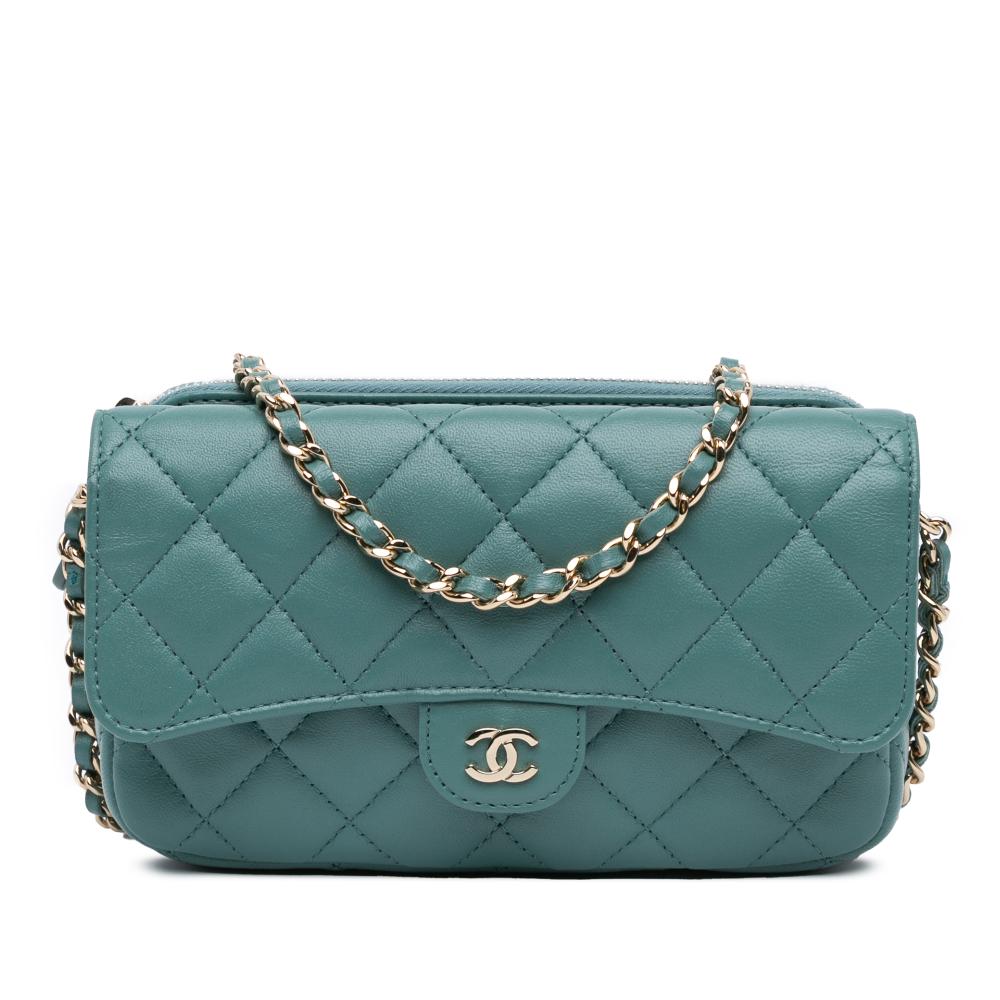 Chanel B Chanel Green Lambskin Leather Leather Quilted Lambskin Flap Phone Holder With Chain Italy