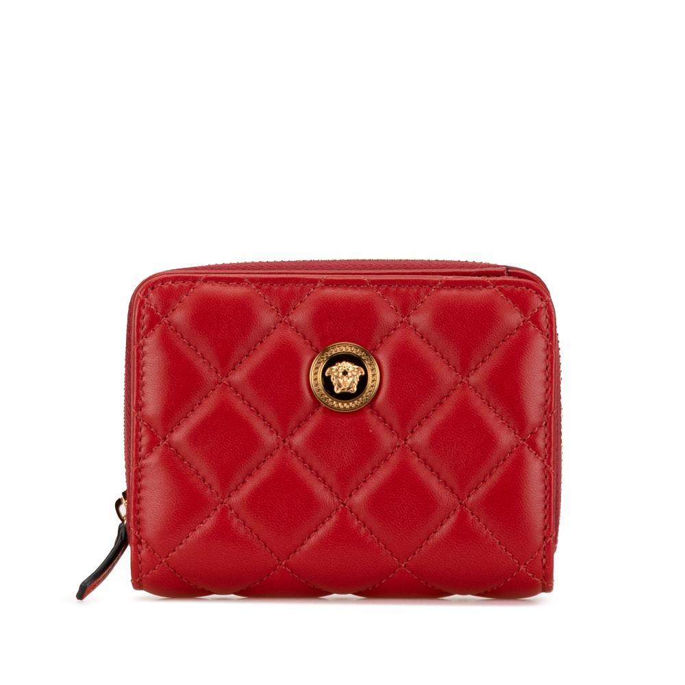 Versace B Versace Red Calf Leather Quilted skin Medusa Compact Wallet Italy