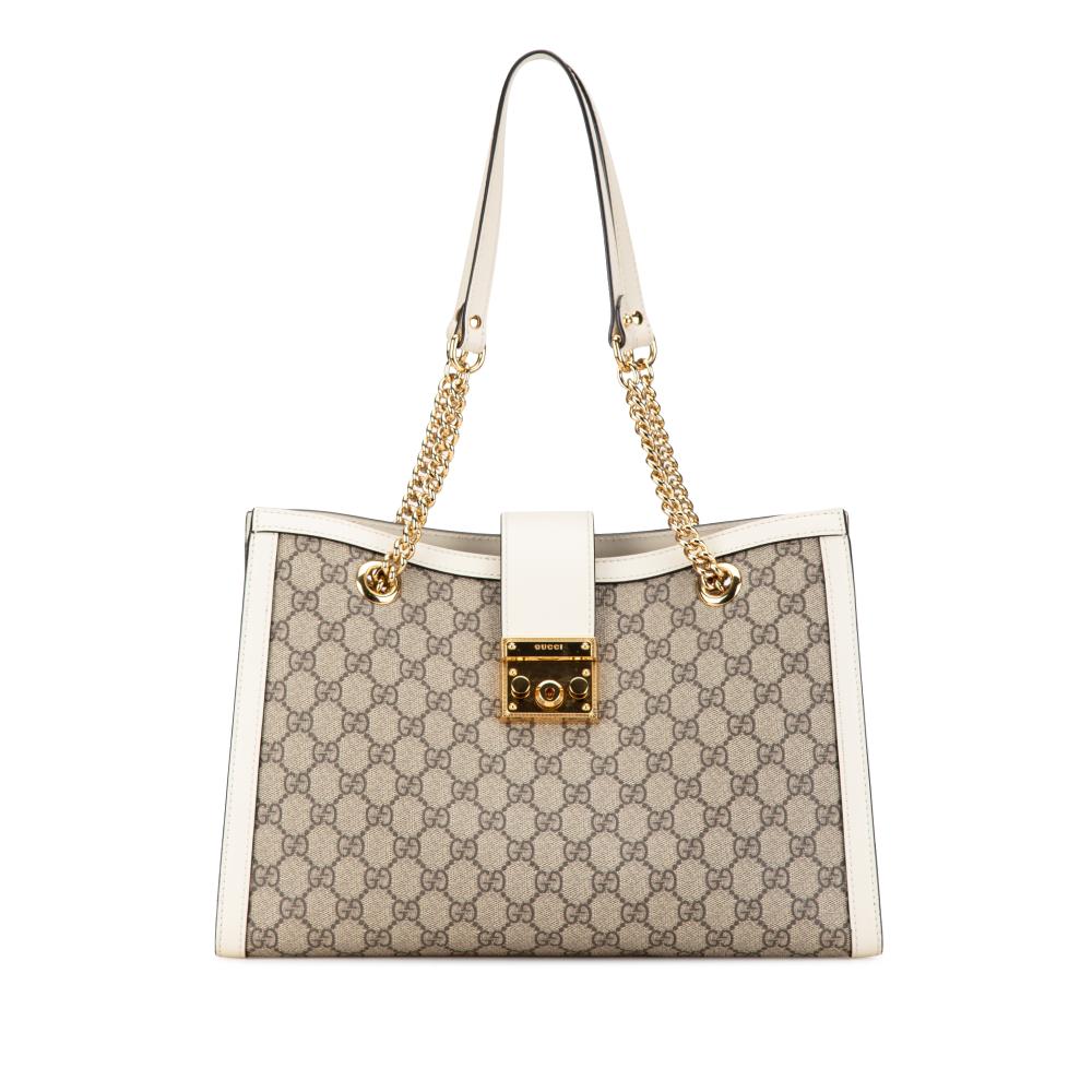 Gucci AB Gucci Brown Beige with White Coated Canvas Fabric Medium GG Supreme Padlock Tote Bag Italy