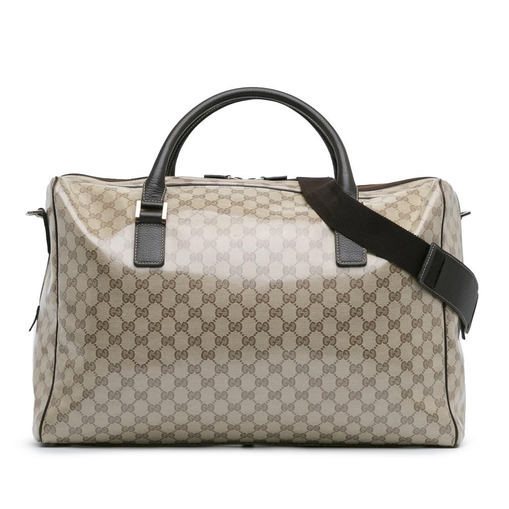 Gucci B Gucci Brown Beige Coated Canvas Fabric GG Crystal Duffle Bag Italy