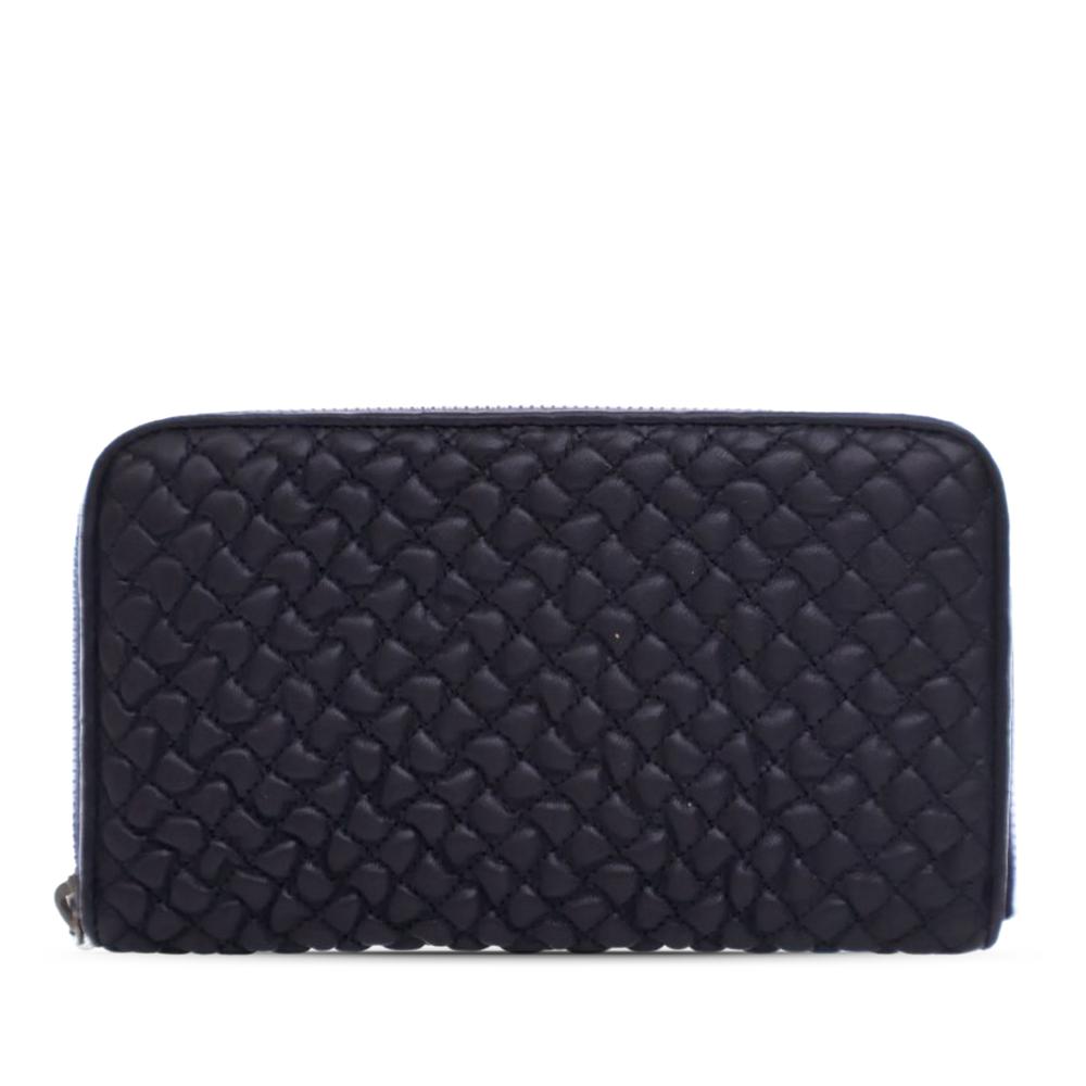 Bottega Veneta AB Bottega Veneta Blue Navy Calf Leather Quilted Zip Around Long Wallet Italy