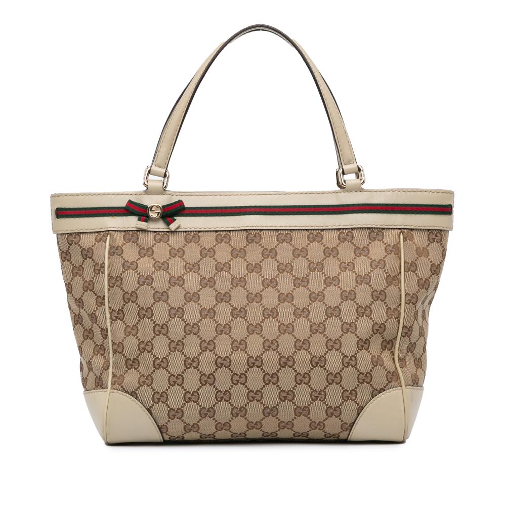 Gucci B Gucci Brown Beige with White Canvas Fabric GG Mayfair Tote Italy