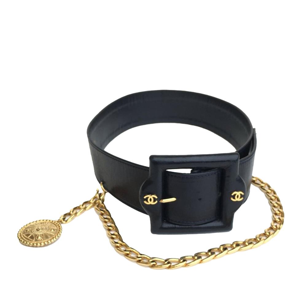 Chanel AB Chanel Black Lambskin Leather Leather CC Chain Belt France