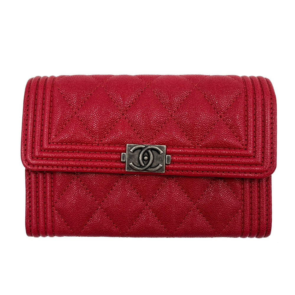 Chanel Boy Matelassè Caviar Leather Folding Wallet Cherry Red