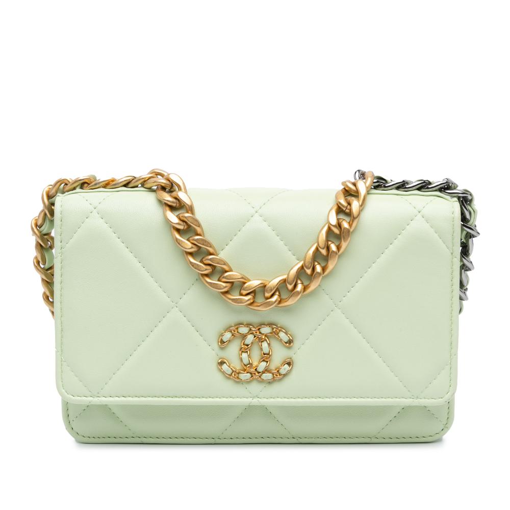 Chanel AB Chanel Green Light Green Lambskin Leather Leather Quilted Lambskin 19 Wallet on Chain Italy