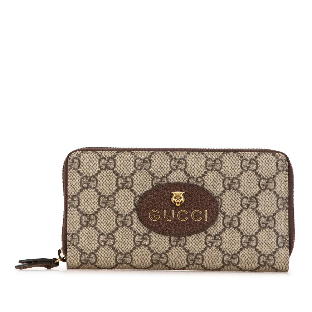 Gucci B Gucci Brown Beige Coated Canvas Fabric GG Supreme Neo Vintage Continental Wallet Italy