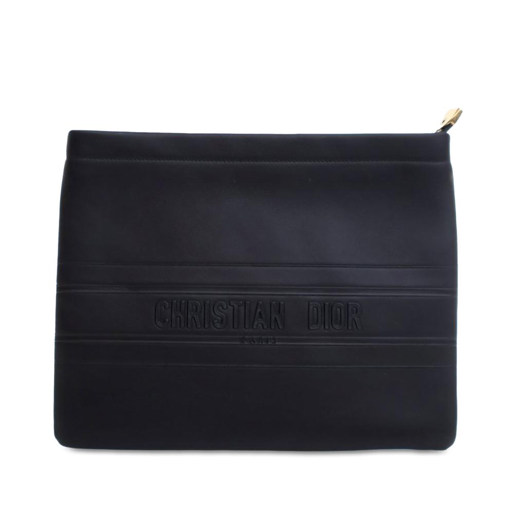 Christian Dior AB Dior Black Calf Leather Embossed skin Logo Zip Clutch Italy