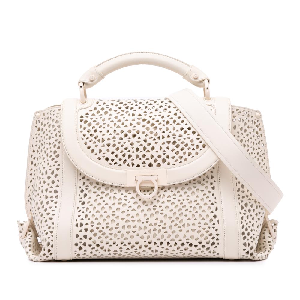 Salvatore Ferragamo B Ferragamo White Ivory Calf Leather Laser Cut Gancini Sofia Italy