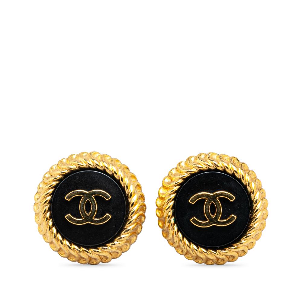 Chanel AB Chanel Gold with Black Gold Plated Metal Acrylic CC Button Clip On Earrings France