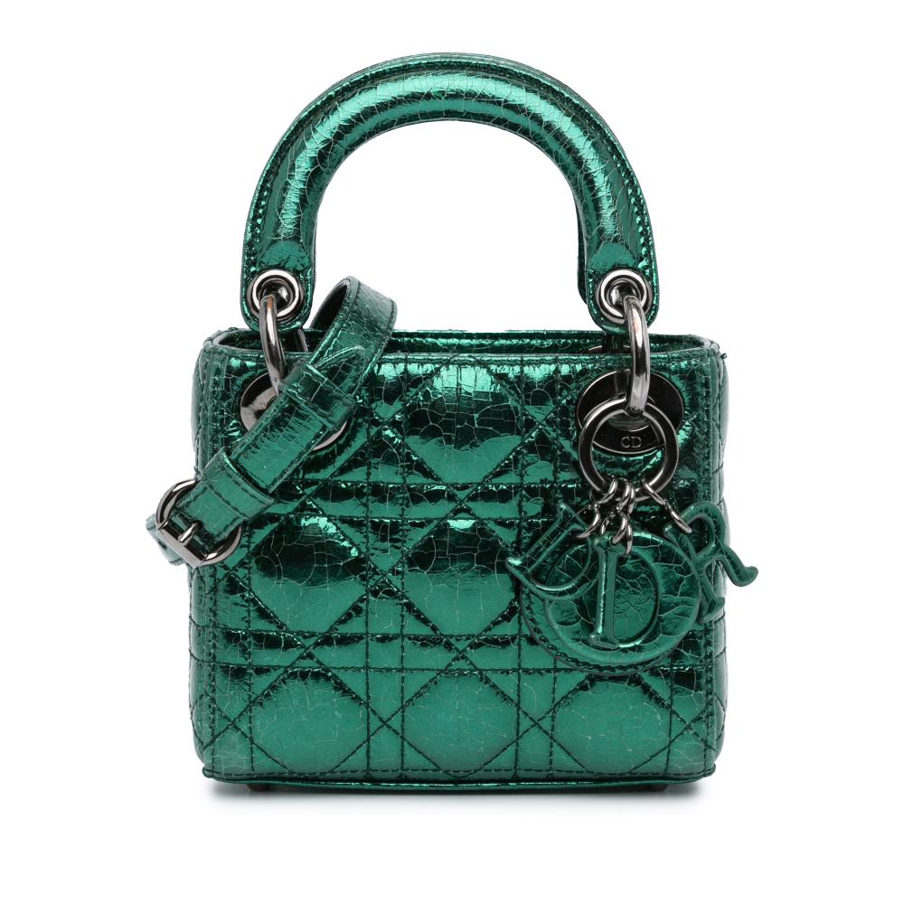 Christian Dior B Dior Green Calf Leather Micro Metallic Crinkled skin Cannage Lady Dior Italy