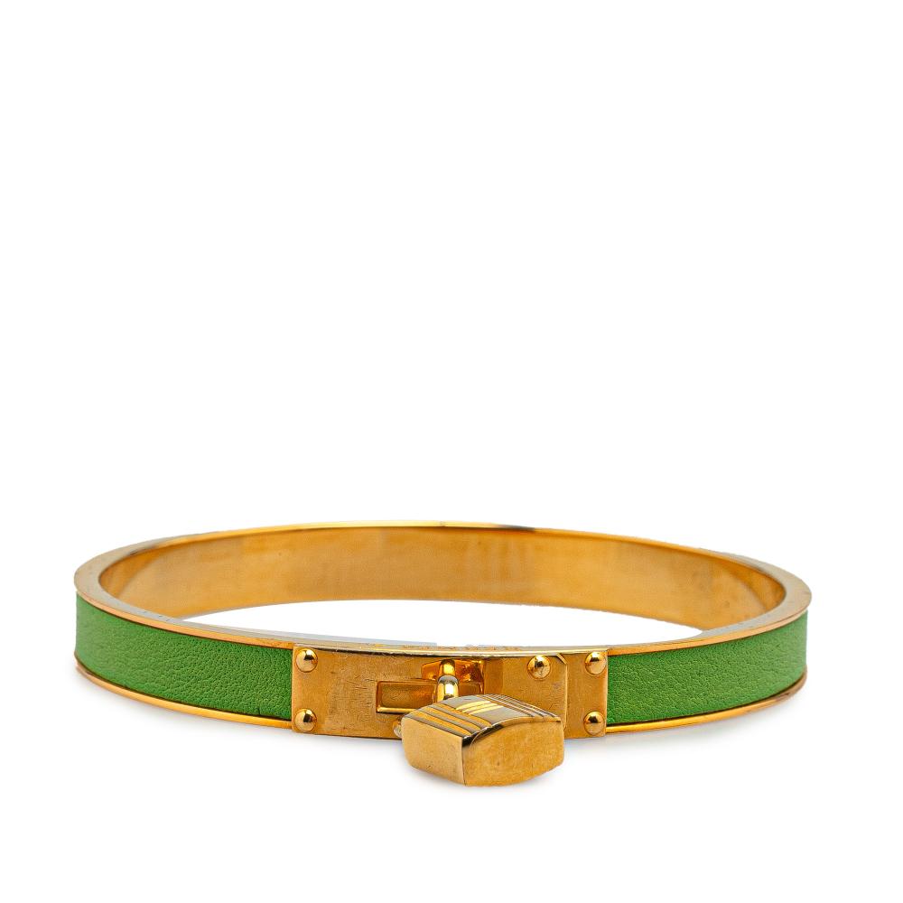 Hermès B Hermès Green Lime with Gold Calf Leather Kelly Cadena Lock Bangle Bracelet France