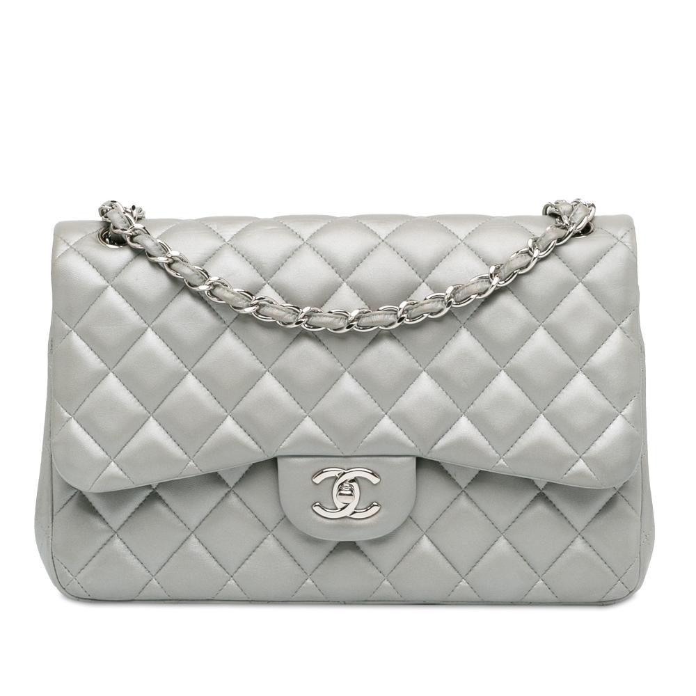 Chanel B Chanel Silver Lambskin Leather Leather Jumbo Classic Lambskin Double Flap Italy