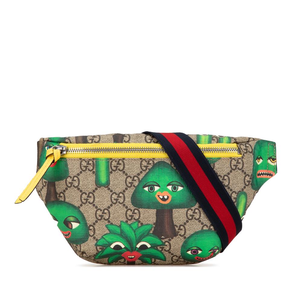 Gucci AB Gucci Brown Beige Coated Canvas Fabric GG Supreme Smiling Plants Kids Belt Bag Italy