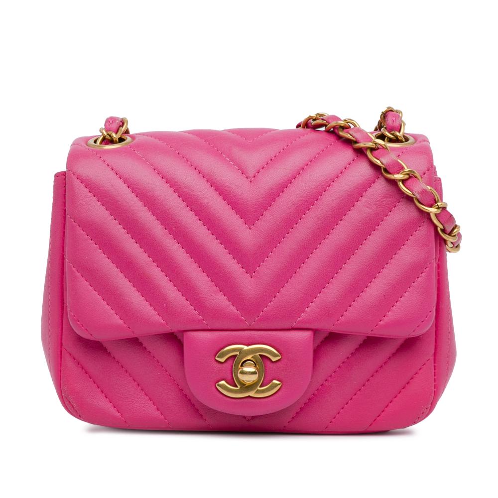 Chanel B Chanel Pink Lambskin Leather Leather Mini Square Classic Chevron Lambskin Flap Italy