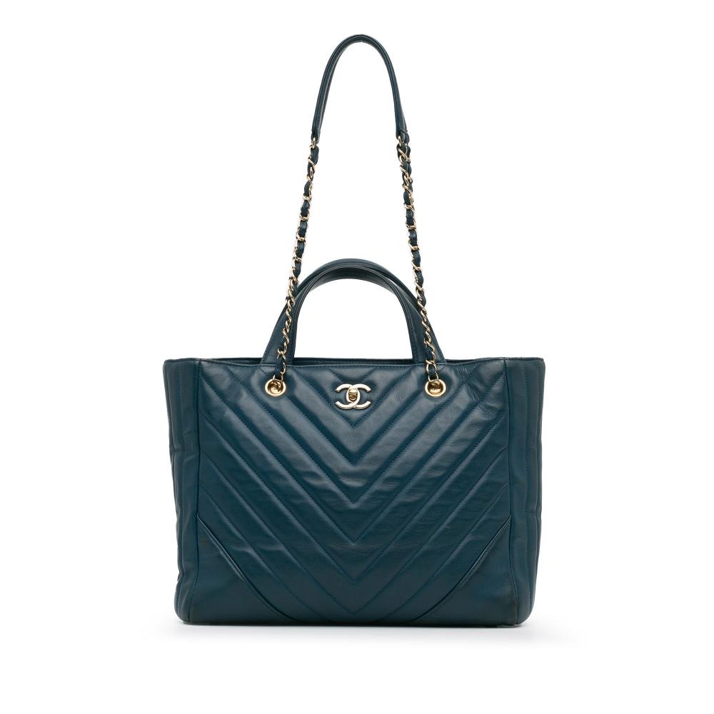 Chanel B Chanel Blue Dark Blue Calf Leather CC Chevron skin Statement Shopping Tote Italy